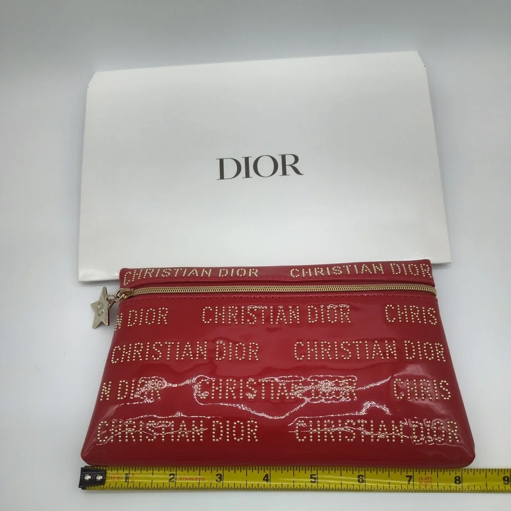 DIOR Red Patent Studded Logo Cosmetic Pouch Star Charm NIB Limited Edition